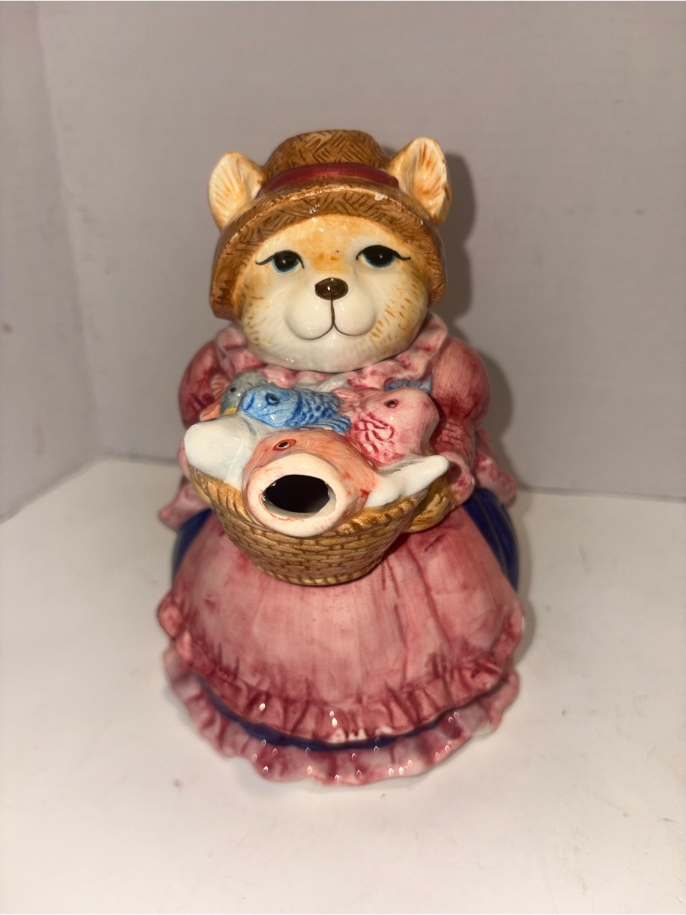 Hand-Painted Pink Ceramic Cat Figurine with Basket of Fish Teapot- Vintage